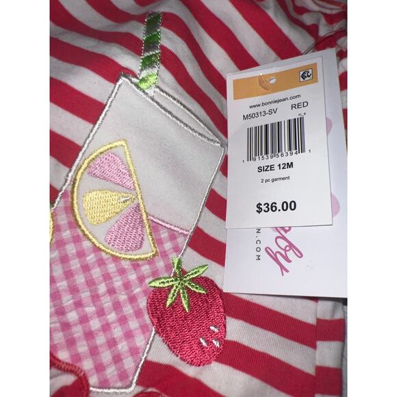 Bonnie Jean Baby summer Lemonade strawberry ruffled red and white top 12 months - Picture 4 of 7